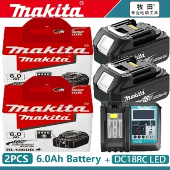 Pack 2 batteries compatibles Makita 18V 6 Ah + chargeur rapide à écran LED (type DC18RC)